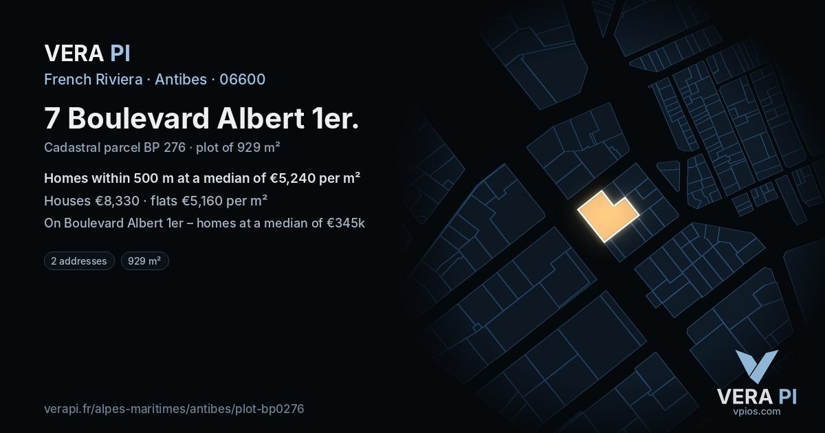 7 Boulevard Albert 1er, Antibes at night – the plot lit, the parcels around coloured by the prices near them