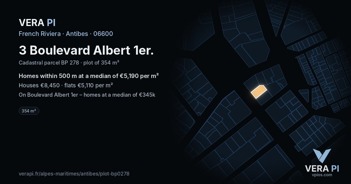 3 Boulevard Albert 1er, Antibes at night – the plot lit, the parcels around coloured by the prices near them