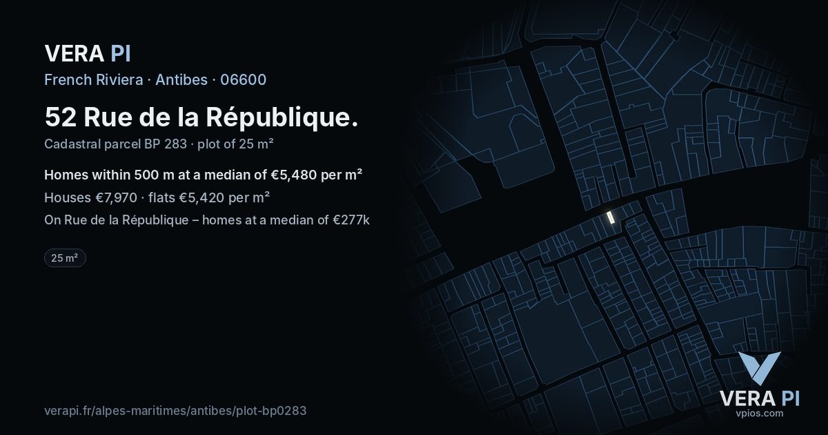 52 Rue de la République, Antibes at night – the plot lit, the parcels around coloured by the prices near them