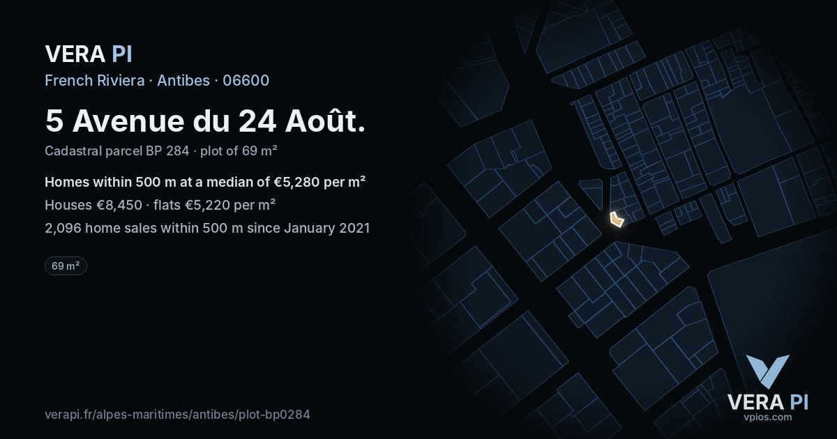 5 Avenue du 24 Août, Antibes at night – the plot lit, the parcels around coloured by the prices near them