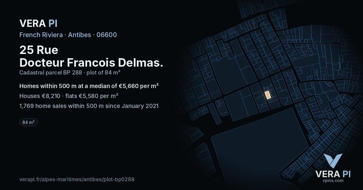 25 Rue Docteur Francois Delmas, Antibes at night – the plot lit, the parcels around coloured by the prices near them