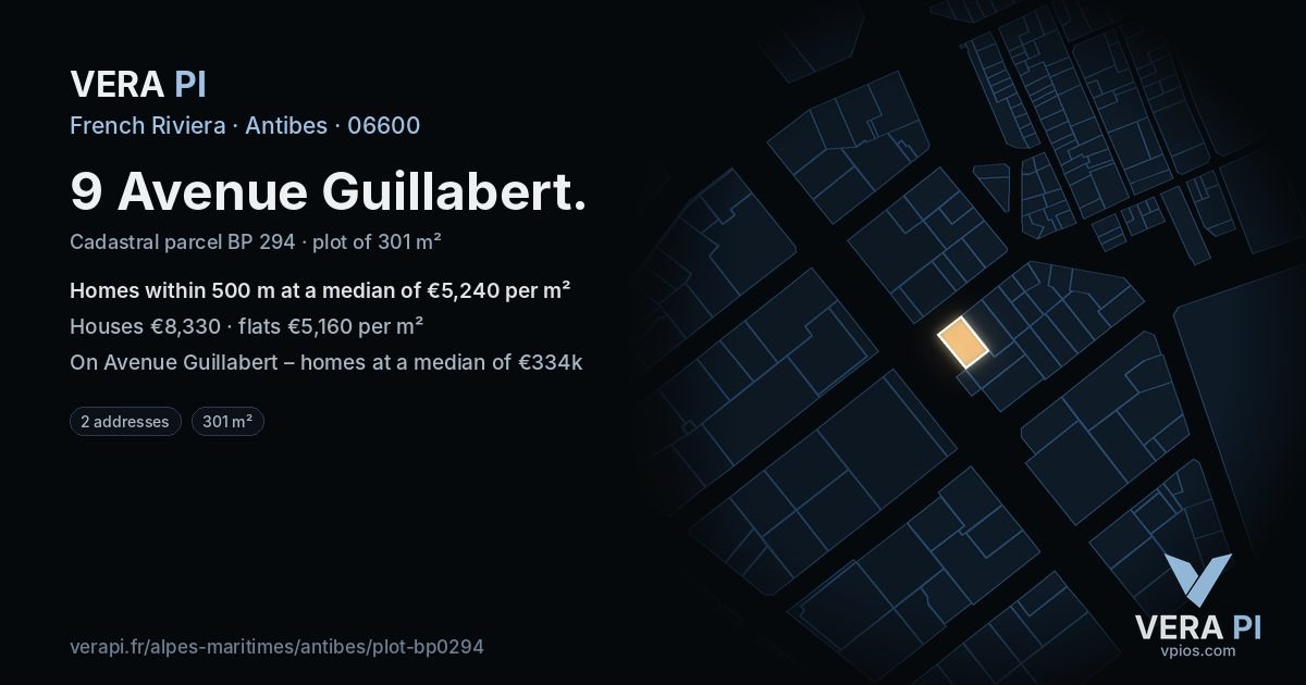 9 Avenue Guillabert, Antibes at night – the plot lit, the parcels around coloured by the prices near them
