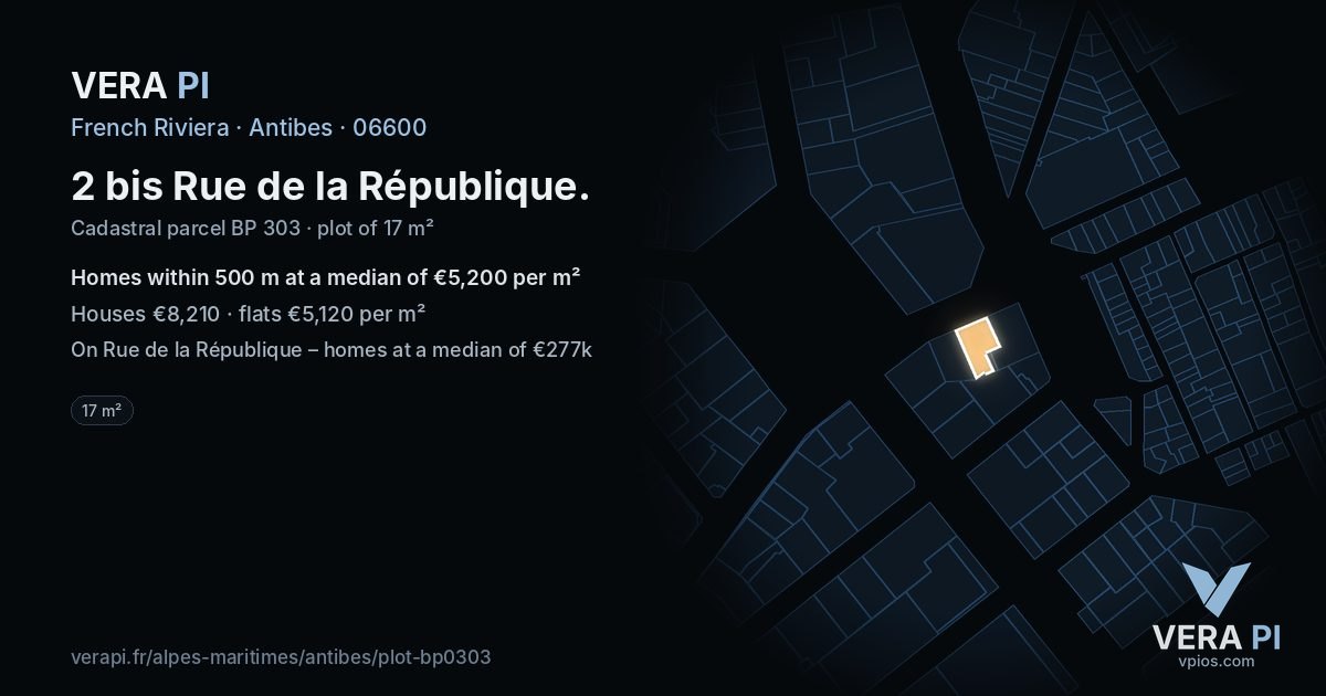 2 bis Rue de la République, Antibes at night – the plot lit, the parcels around coloured by the prices near them