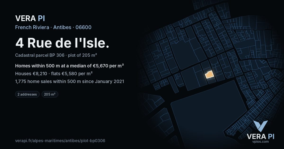 4 Rue de l'Isle, Antibes at night – the plot lit, the parcels around coloured by the prices near them