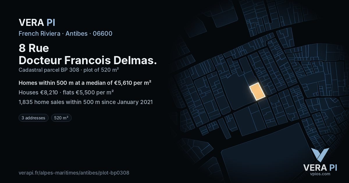 8 Rue Docteur Francois Delmas, Antibes at night – the plot lit, the parcels around coloured by the prices near them