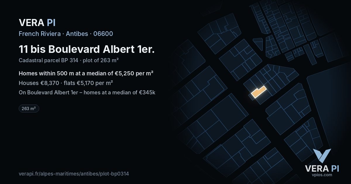 11 bis Boulevard Albert 1er, Antibes at night – the plot lit, the parcels around coloured by the prices near them