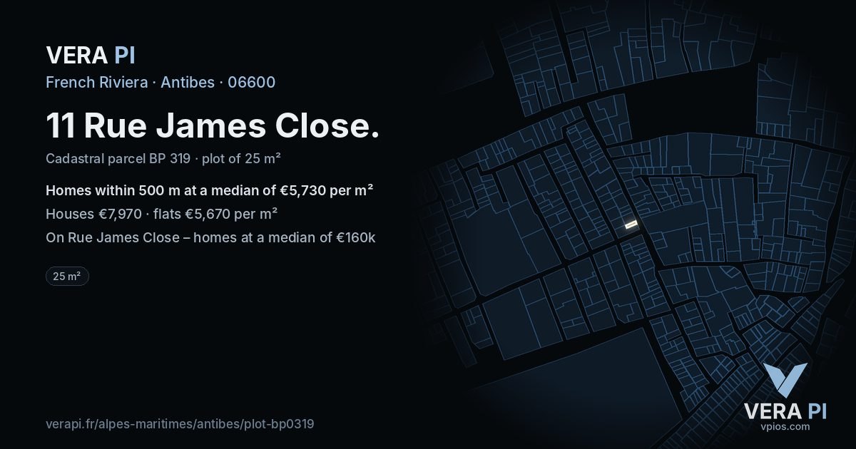 11 Rue James Close, Antibes at night – the plot lit, the parcels around coloured by the prices near them