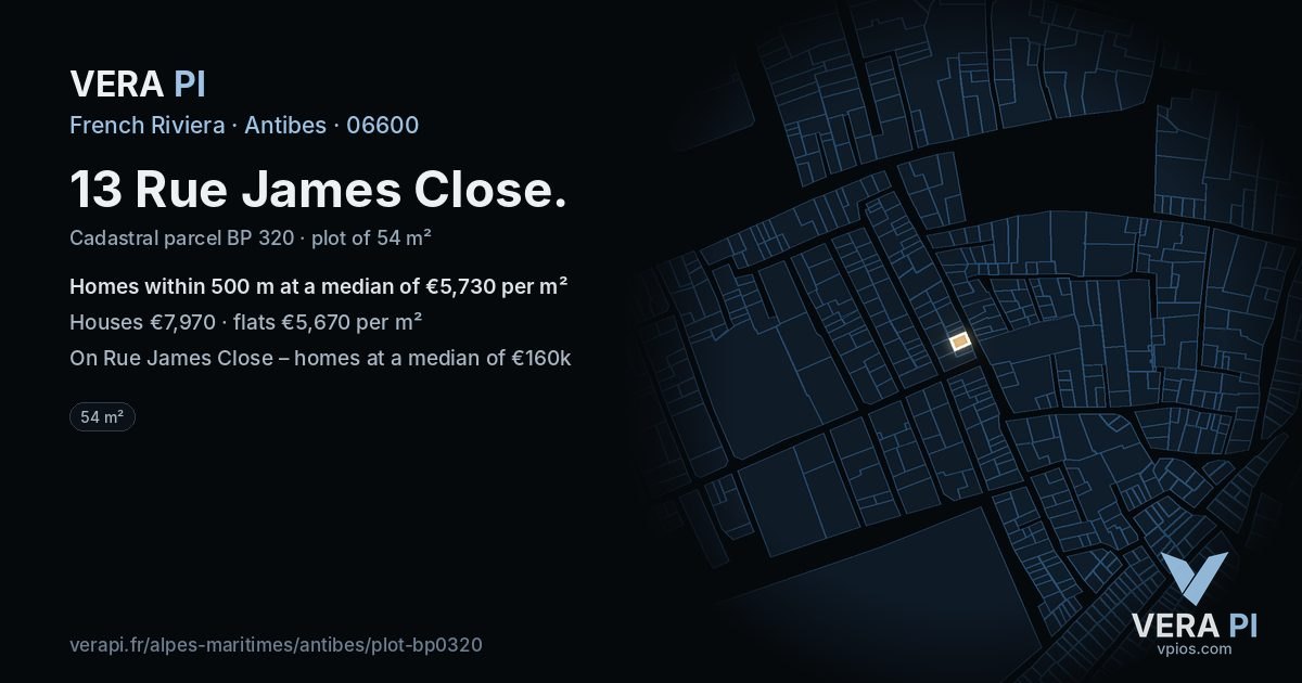13 Rue James Close, Antibes at night – the plot lit, the parcels around coloured by the prices near them