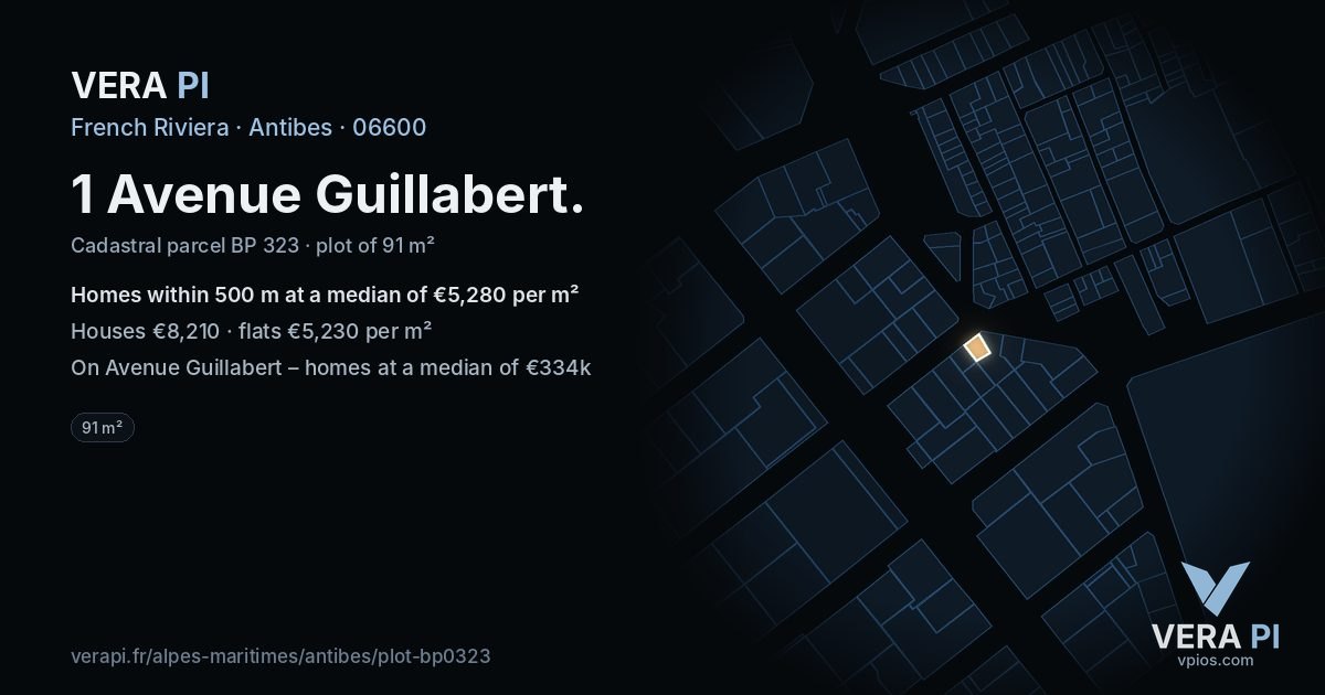 1 Avenue Guillabert, Antibes at night – the plot lit, the parcels around coloured by the prices near them