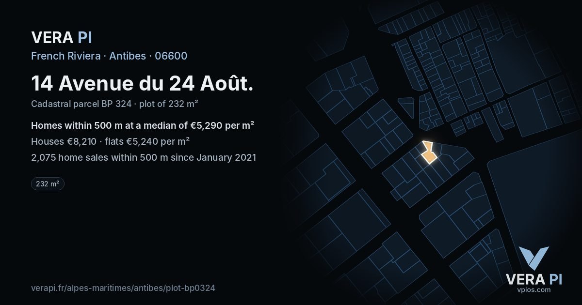 14 Avenue du 24 Août, Antibes at night – the plot lit, the parcels around coloured by the prices near them