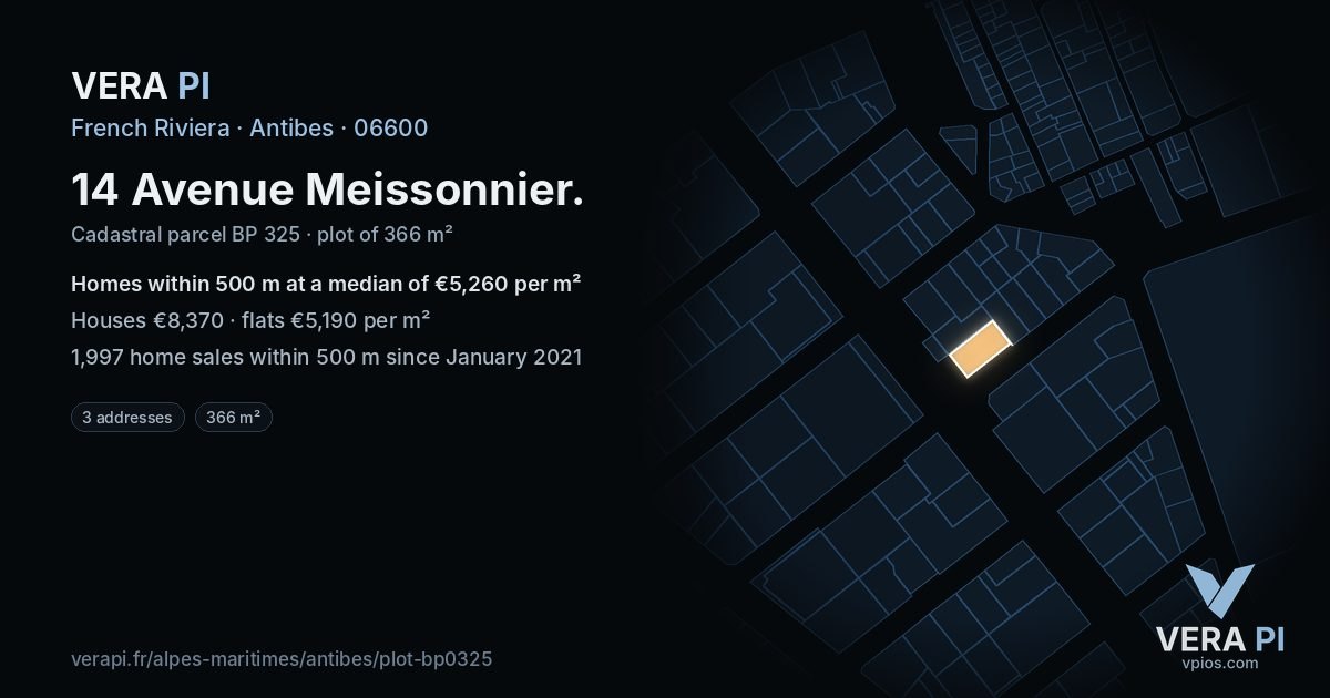 14 Avenue Meissonnier, Antibes at night – the plot lit, the parcels around coloured by the prices near them