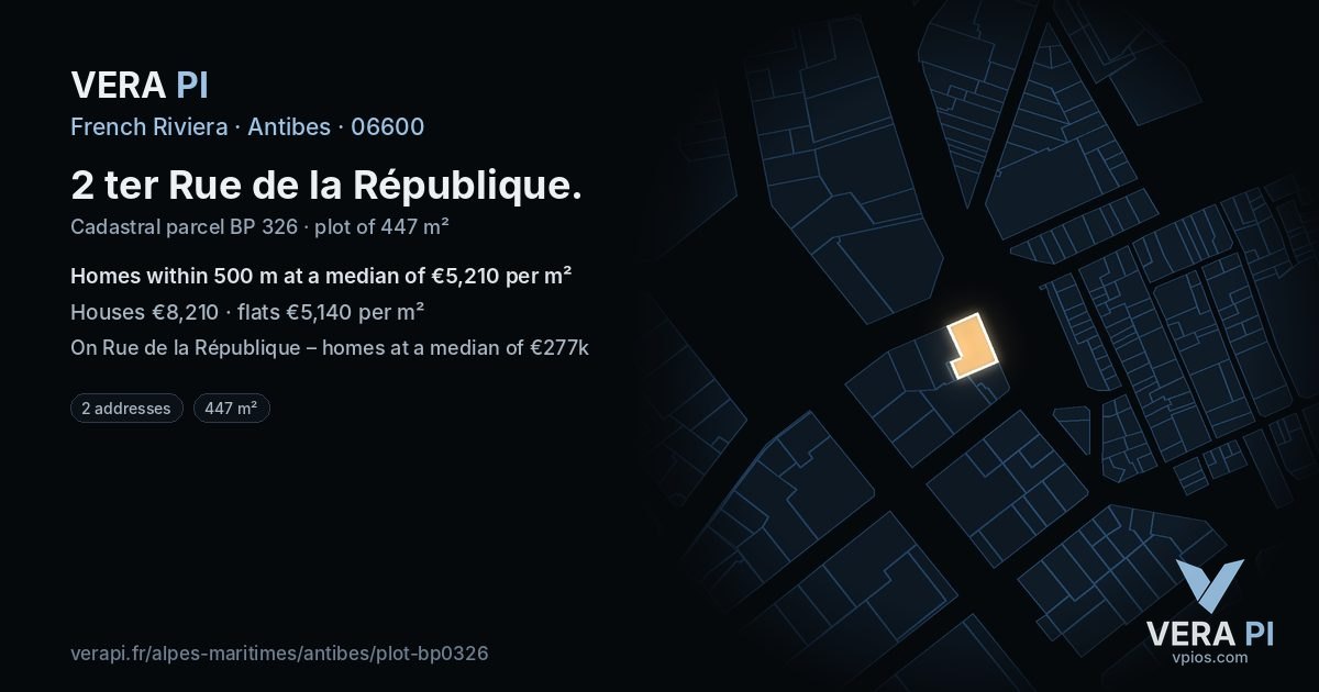 2 ter Rue de la République, Antibes at night – the plot lit, the parcels around coloured by the prices near them
