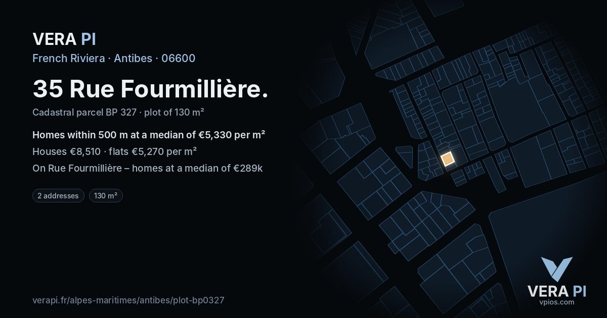 35 Rue Fourmillière, Antibes at night – the plot lit, the parcels around coloured by the prices near them