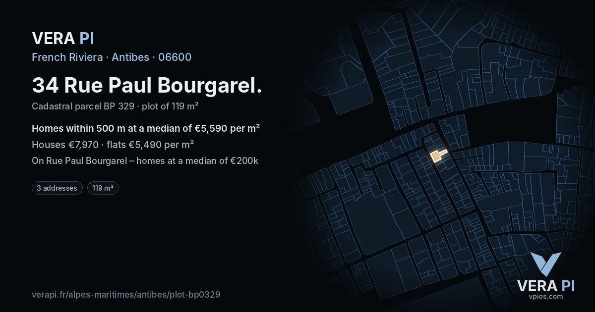 34 Rue Paul Bourgarel, Antibes at night – the plot lit, the parcels around coloured by the prices near them