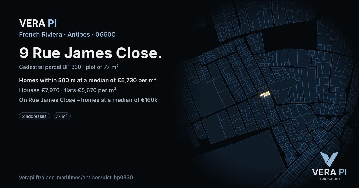 9 Rue James Close, Antibes at night – the plot lit, the parcels around coloured by the prices near them