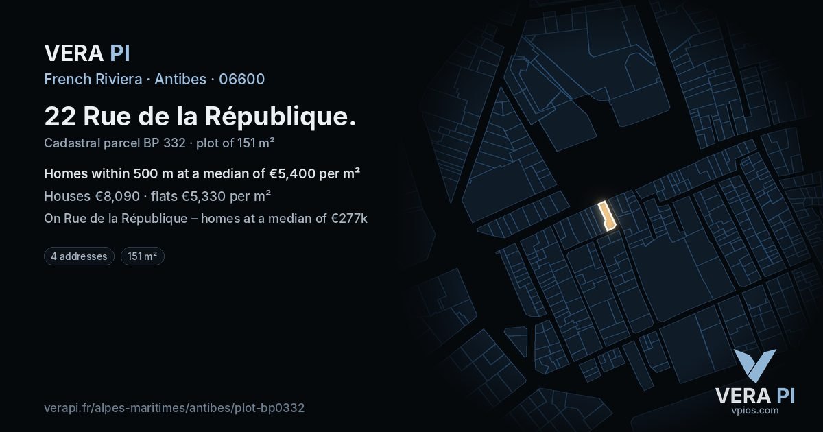 22 Rue de la République, Antibes at night – the plot lit, the parcels around coloured by the prices near them