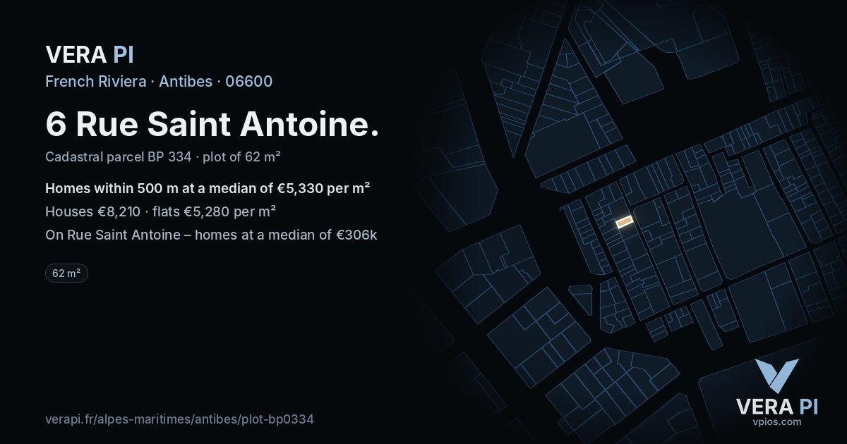 6 Rue Saint Antoine, Antibes at night – the plot lit, the parcels around coloured by the prices near them