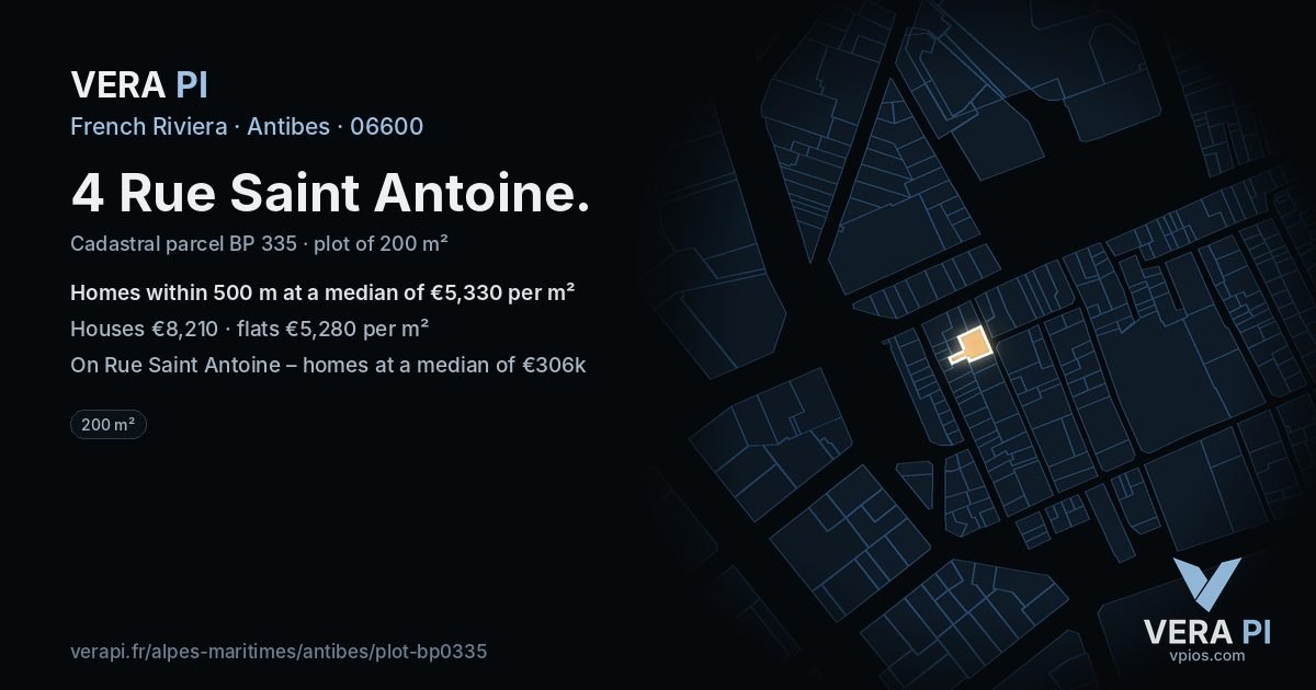 4 Rue Saint Antoine, Antibes at night – the plot lit, the parcels around coloured by the prices near them