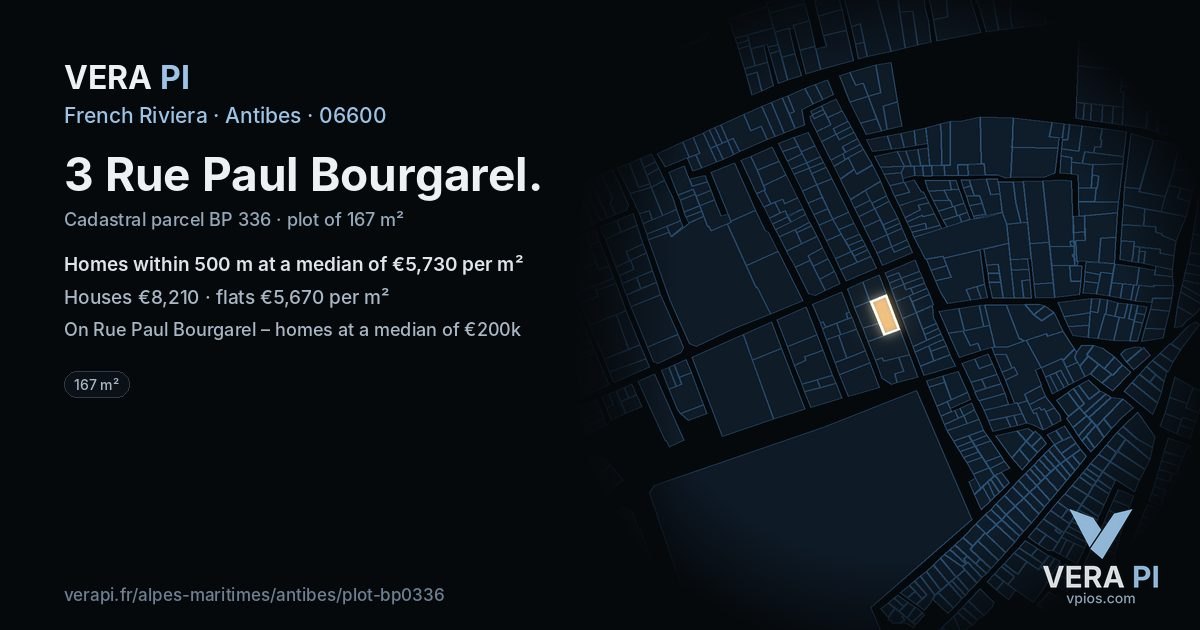 3 Rue Paul Bourgarel, Antibes at night – the plot lit, the parcels around coloured by the prices near them