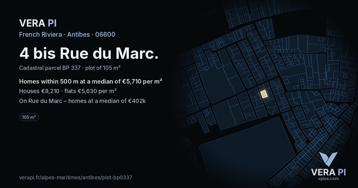 4 bis Rue du Marc, Antibes at night – the plot lit, the parcels around coloured by the prices near them