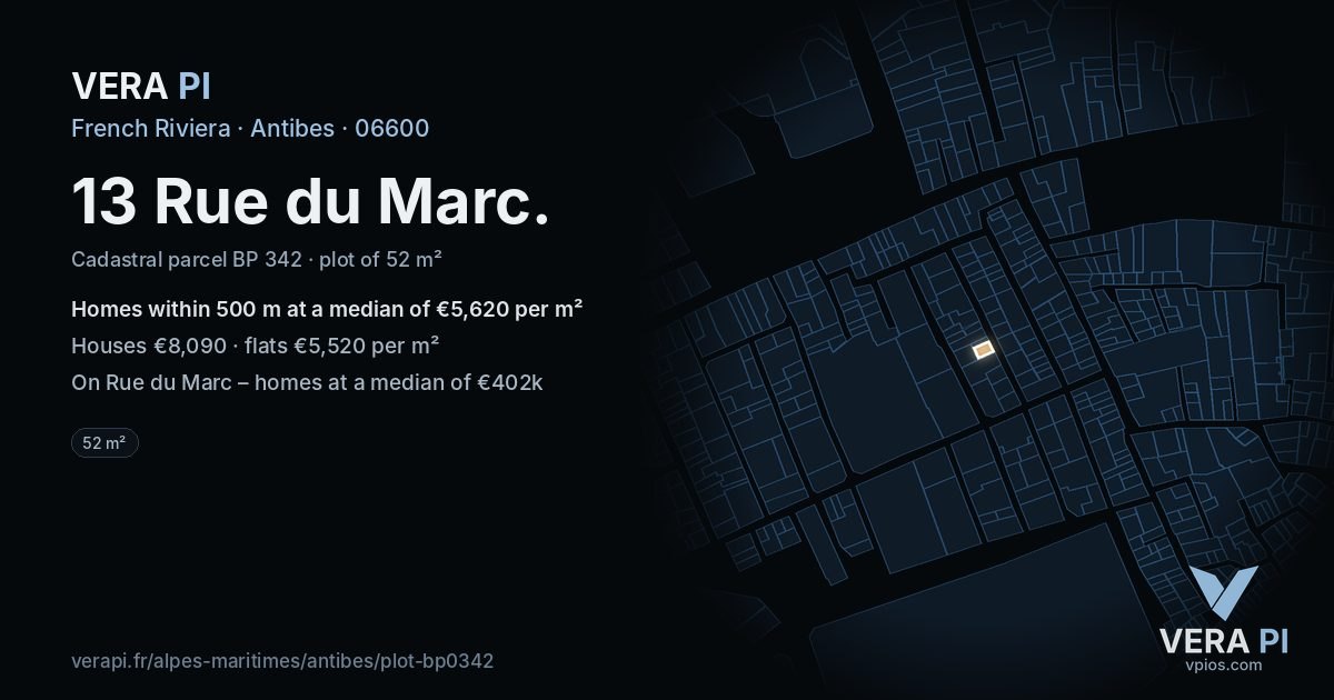 13 Rue du Marc, Antibes at night – the plot lit, the parcels around coloured by the prices near them