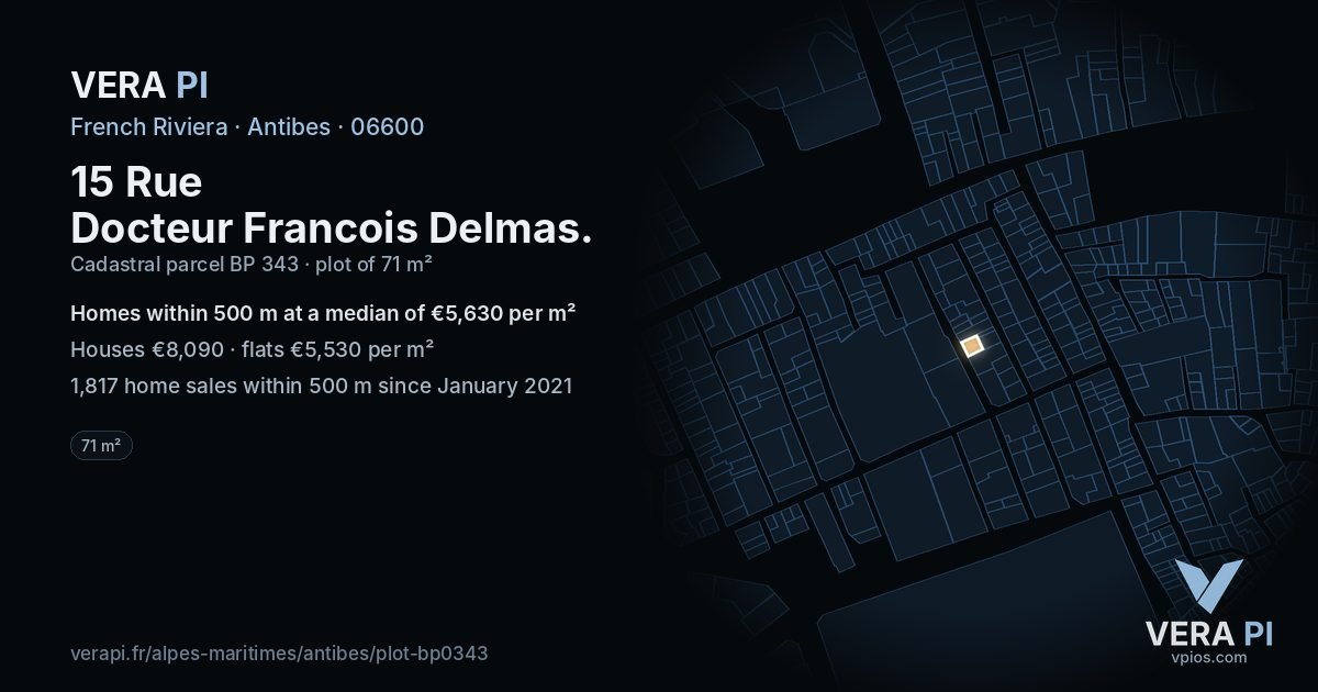 15 Rue Docteur Francois Delmas, Antibes at night – the plot lit, the parcels around coloured by the prices near them