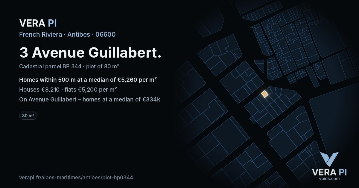 3 Avenue Guillabert, Antibes at night – the plot lit, the parcels around coloured by the prices near them
