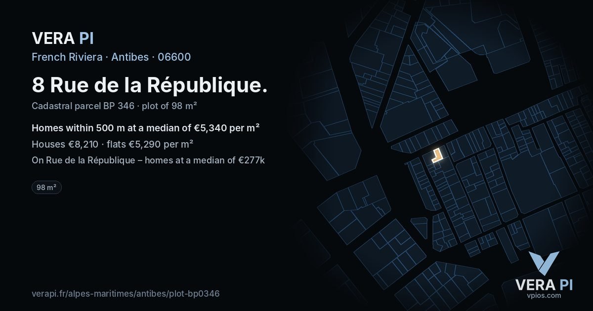 8 Rue de la République, Antibes at night – the plot lit, the parcels around coloured by the prices near them