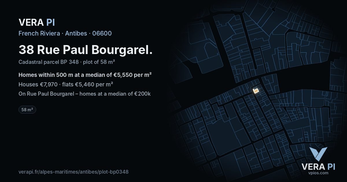 38 Rue Paul Bourgarel, Antibes at night – the plot lit, the parcels around coloured by the prices near them