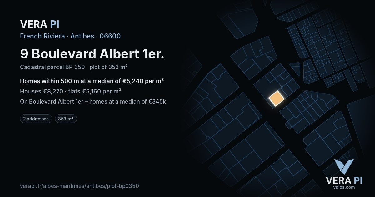 9 Boulevard Albert 1er, Antibes at night – the plot lit, the parcels around coloured by the prices near them