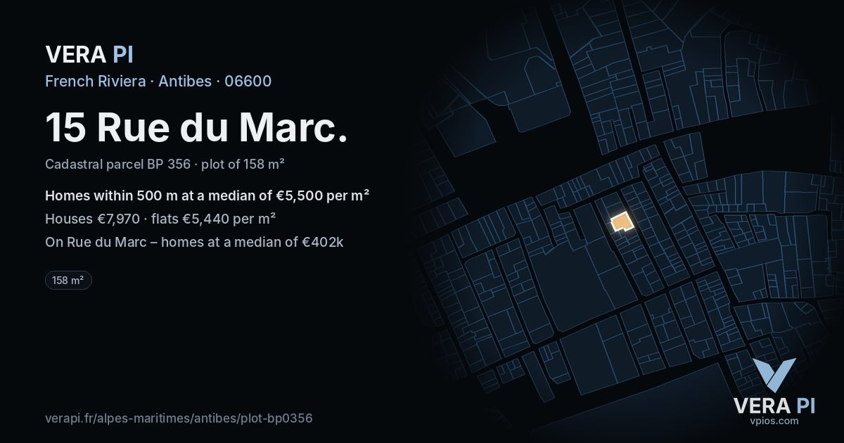 15 Rue du Marc, Antibes at night – the plot lit, the parcels around coloured by the prices near them