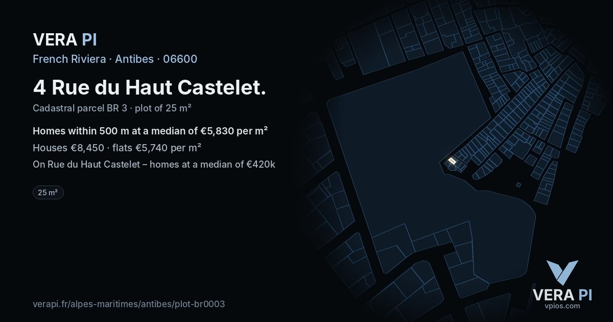 4 Rue du Haut Castelet, Antibes at night – the plot lit, the parcels around coloured by the prices near them
