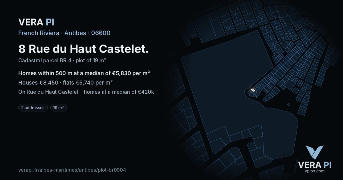 8 Rue du Haut Castelet, Antibes at night – the plot lit, the parcels around coloured by the prices near them