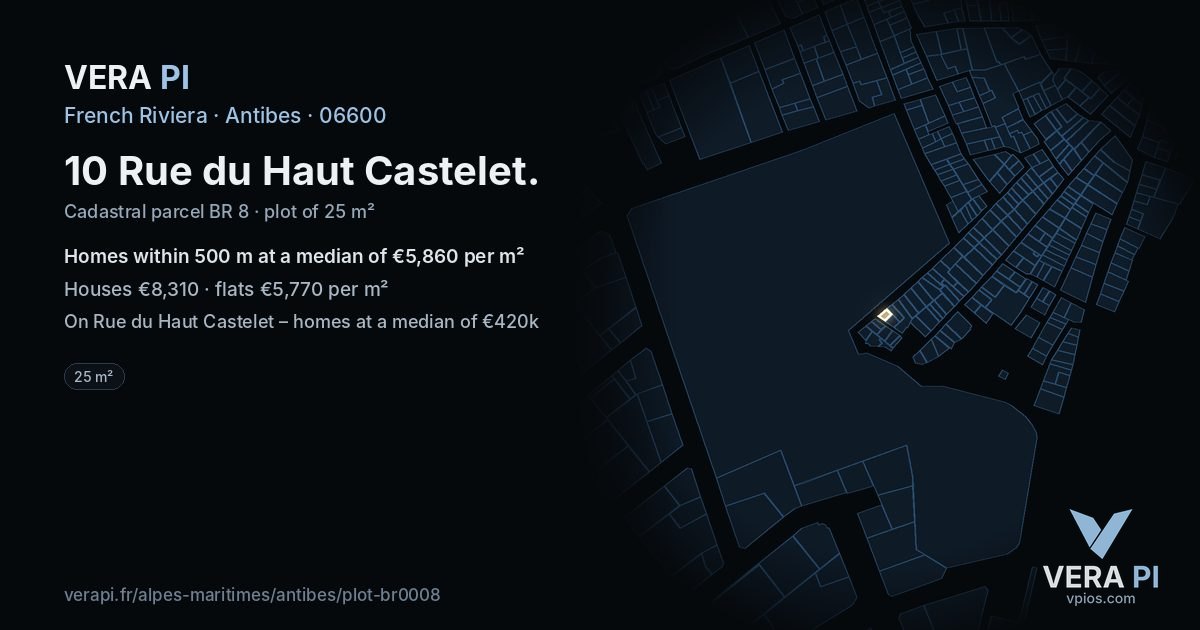 10 Rue du Haut Castelet, Antibes at night – the plot lit, the parcels around coloured by the prices near them