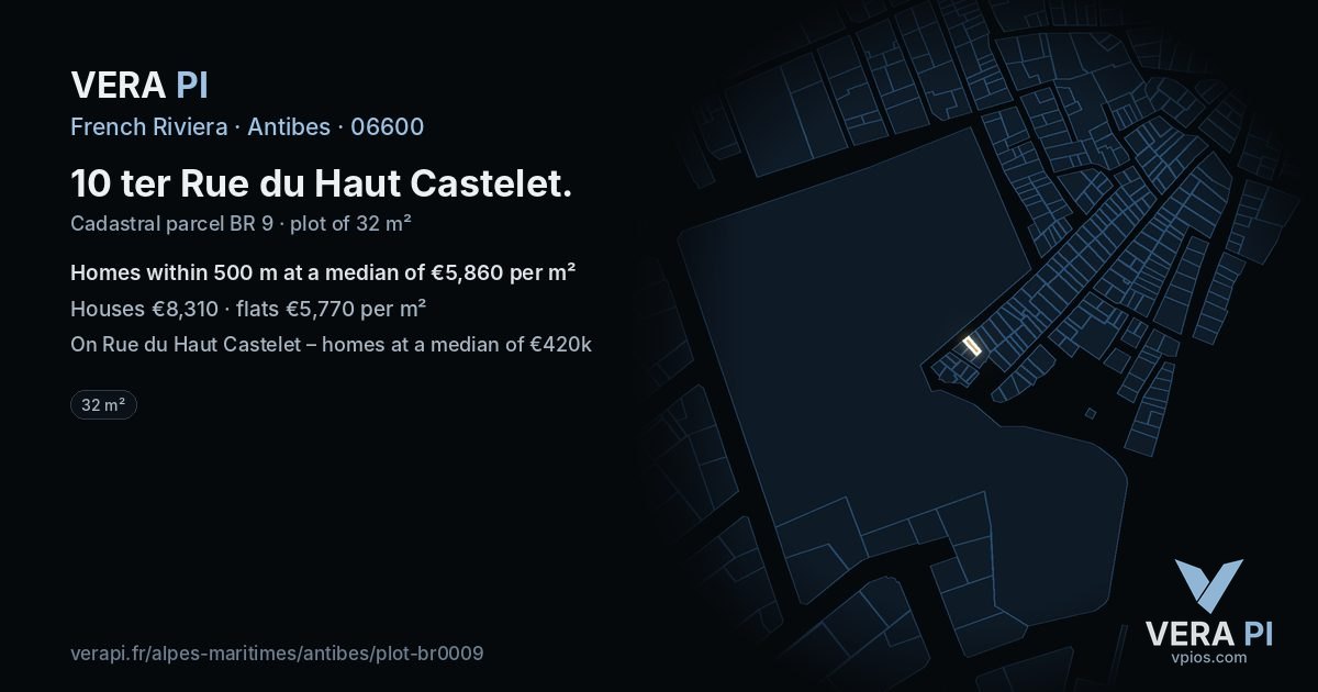 10 ter Rue du Haut Castelet, Antibes at night – the plot lit, the parcels around coloured by the prices near them