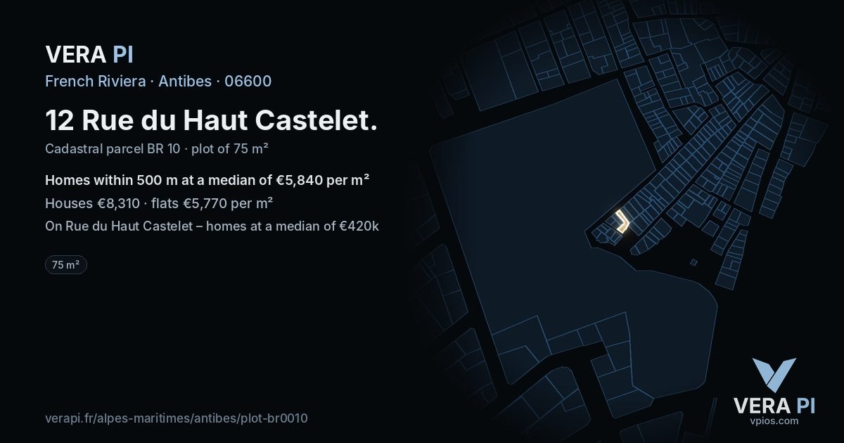 12 Rue du Haut Castelet, Antibes at night – the plot lit, the parcels around coloured by the prices near them
