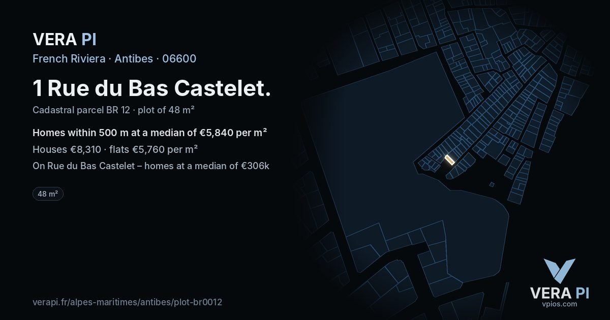 1 Rue du Bas Castelet, Antibes at night – the plot lit, the parcels around coloured by the prices near them