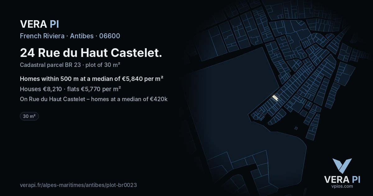 24 Rue du Haut Castelet, Antibes at night – the plot lit, the parcels around coloured by the prices near them