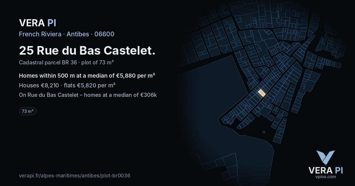 25 Rue du Bas Castelet, Antibes at night – the plot lit, the parcels around coloured by the prices near them