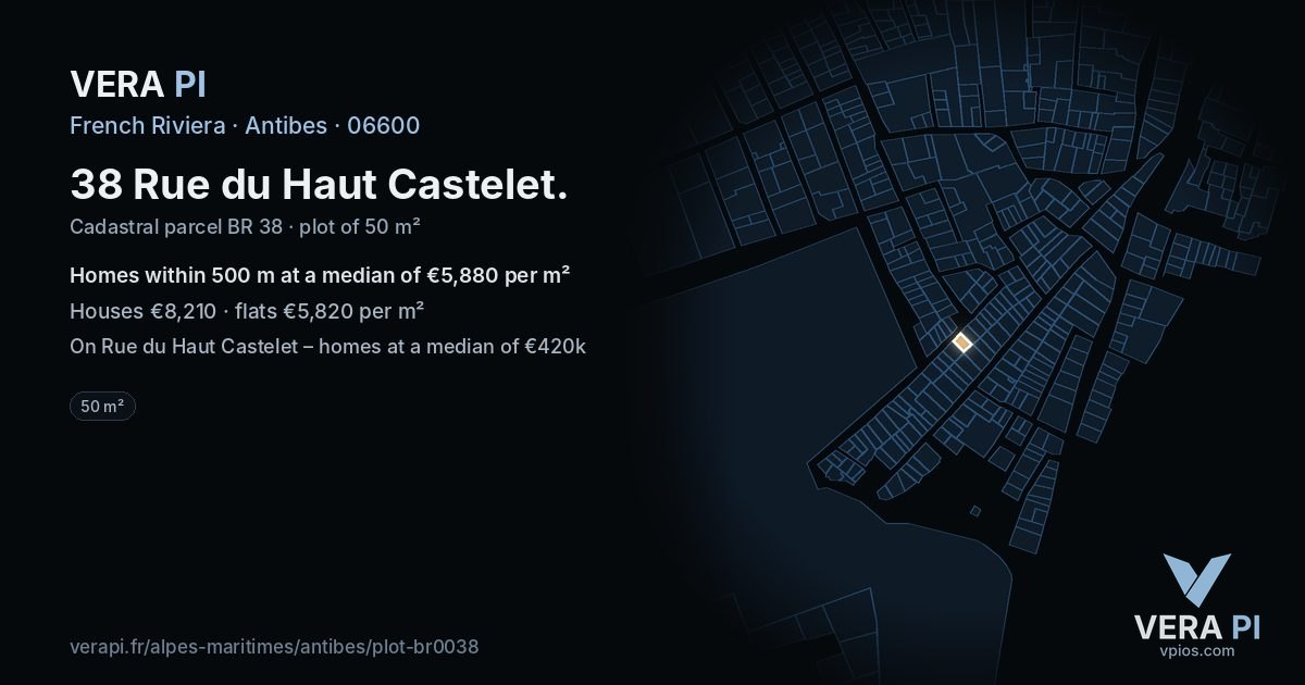 38 Rue du Haut Castelet, Antibes at night – the plot lit, the parcels around coloured by the prices near them