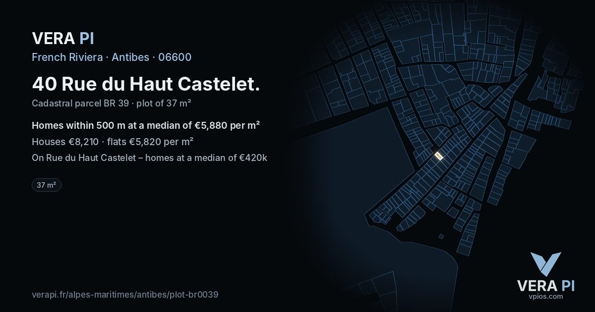 40 Rue du Haut Castelet, Antibes at night – the plot lit, the parcels around coloured by the prices near them