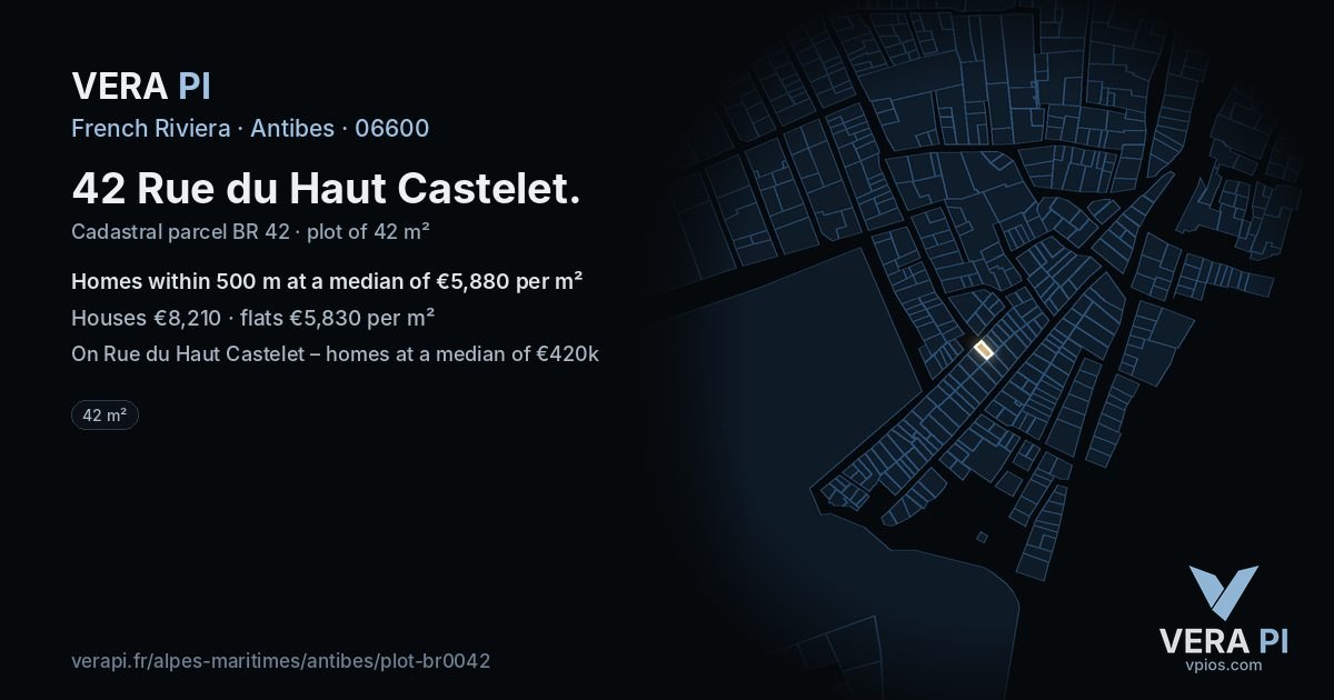 42 Rue du Haut Castelet, Antibes at night – the plot lit, the parcels around coloured by the prices near them