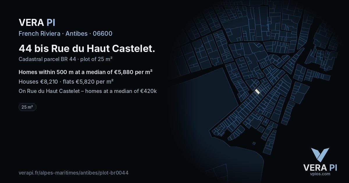 44 bis Rue du Haut Castelet, Antibes at night – the plot lit, the parcels around coloured by the prices near them