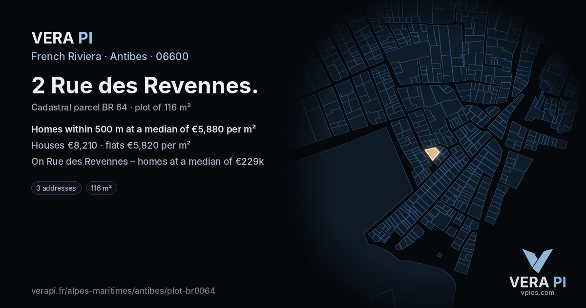 2 Rue des Revennes, Antibes at night – the plot lit, the parcels around coloured by the prices near them