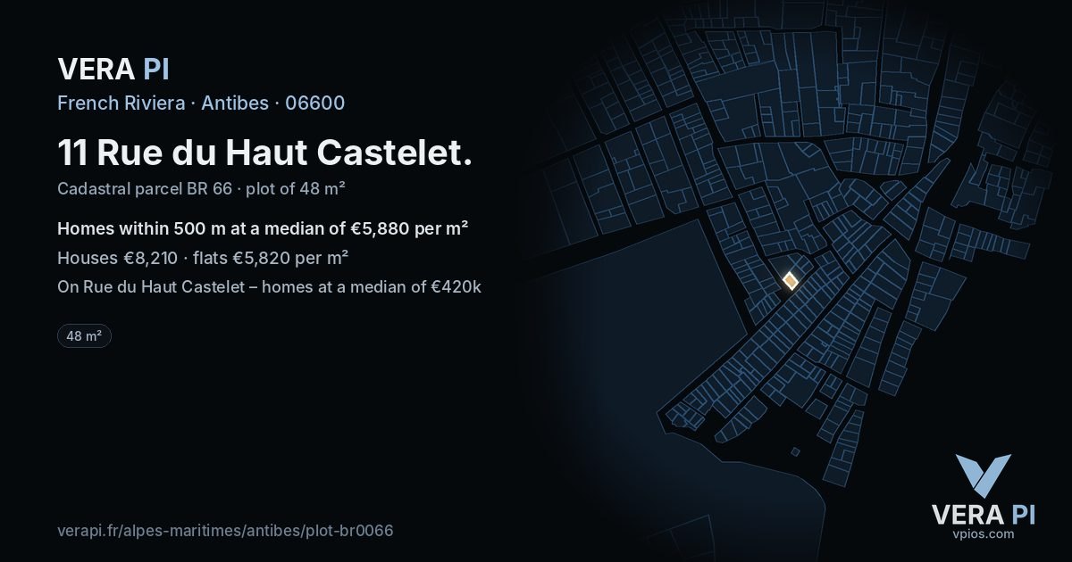 11 Rue du Haut Castelet, Antibes at night – the plot lit, the parcels around coloured by the prices near them