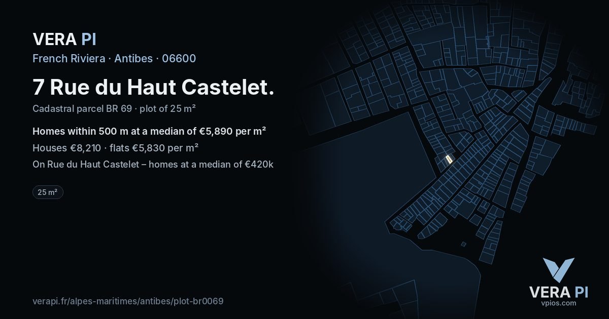 7 Rue du Haut Castelet, Antibes at night – the plot lit, the parcels around coloured by the prices near them