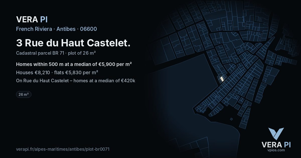 3 Rue du Haut Castelet, Antibes at night – the plot lit, the parcels around coloured by the prices near them