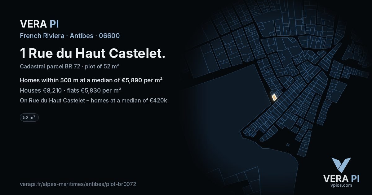 1 Rue du Haut Castelet, Antibes at night – the plot lit, the parcels around coloured by the prices near them