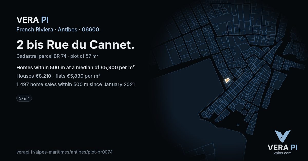 2 bis Rue du Cannet, Antibes at night – the plot lit, the parcels around coloured by the prices near them