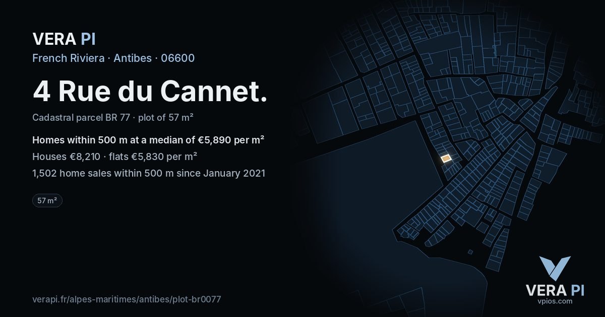 4 Rue du Cannet, Antibes at night – the plot lit, the parcels around coloured by the prices near them